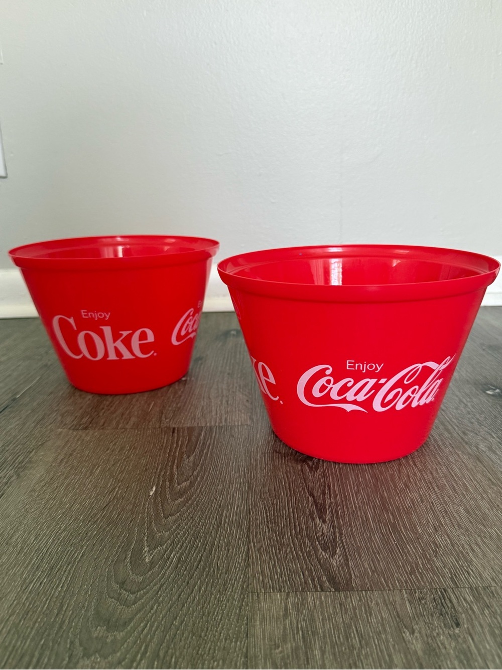 Coca-Cola Red Plastic Ice Buckets with White Logo - Pair